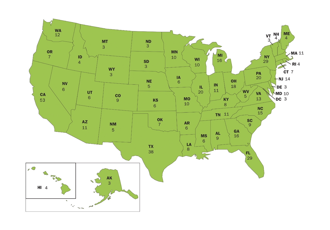 Este mapa muestra cuántos representantes tiene cada estado en la Cámara de - photo 7