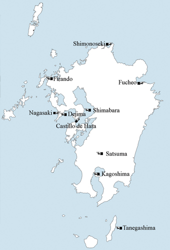 Mapa de la isla de Kyūshū en el que se indican además los puntos capitales - photo 4