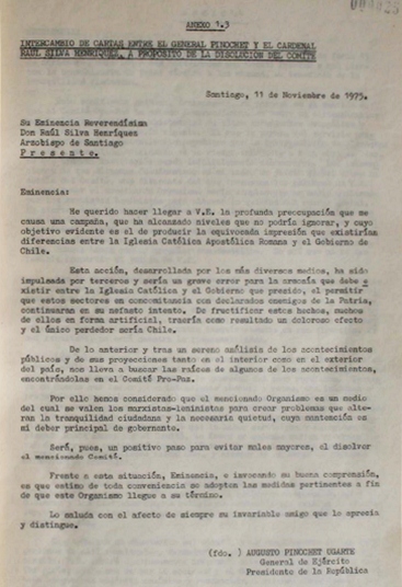 Carta del general Augusto Pinochet al cardenal Raúl Silva Henríquez - photo 1